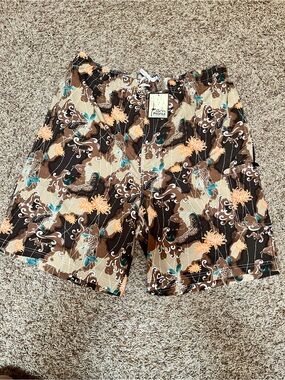 Men's Floral Camo koi fish Swim Shorts Brown/Tan with Teal & Orange Accents NOS